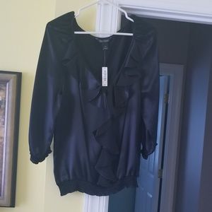 Satin Black Blouse with Cinch Waist and Arms